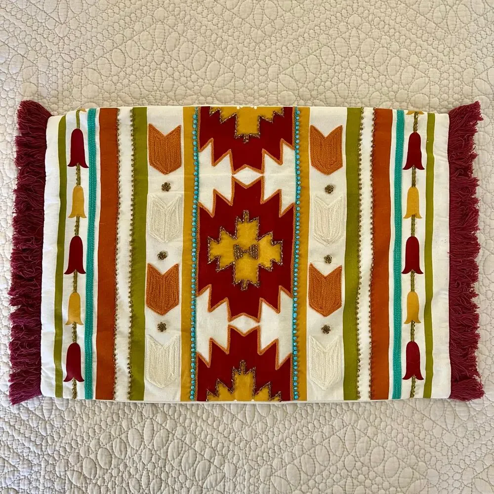 Southwestern Western Lumbar Pillow Cover 20x14 Embroidered Fringe Beaded Cotton